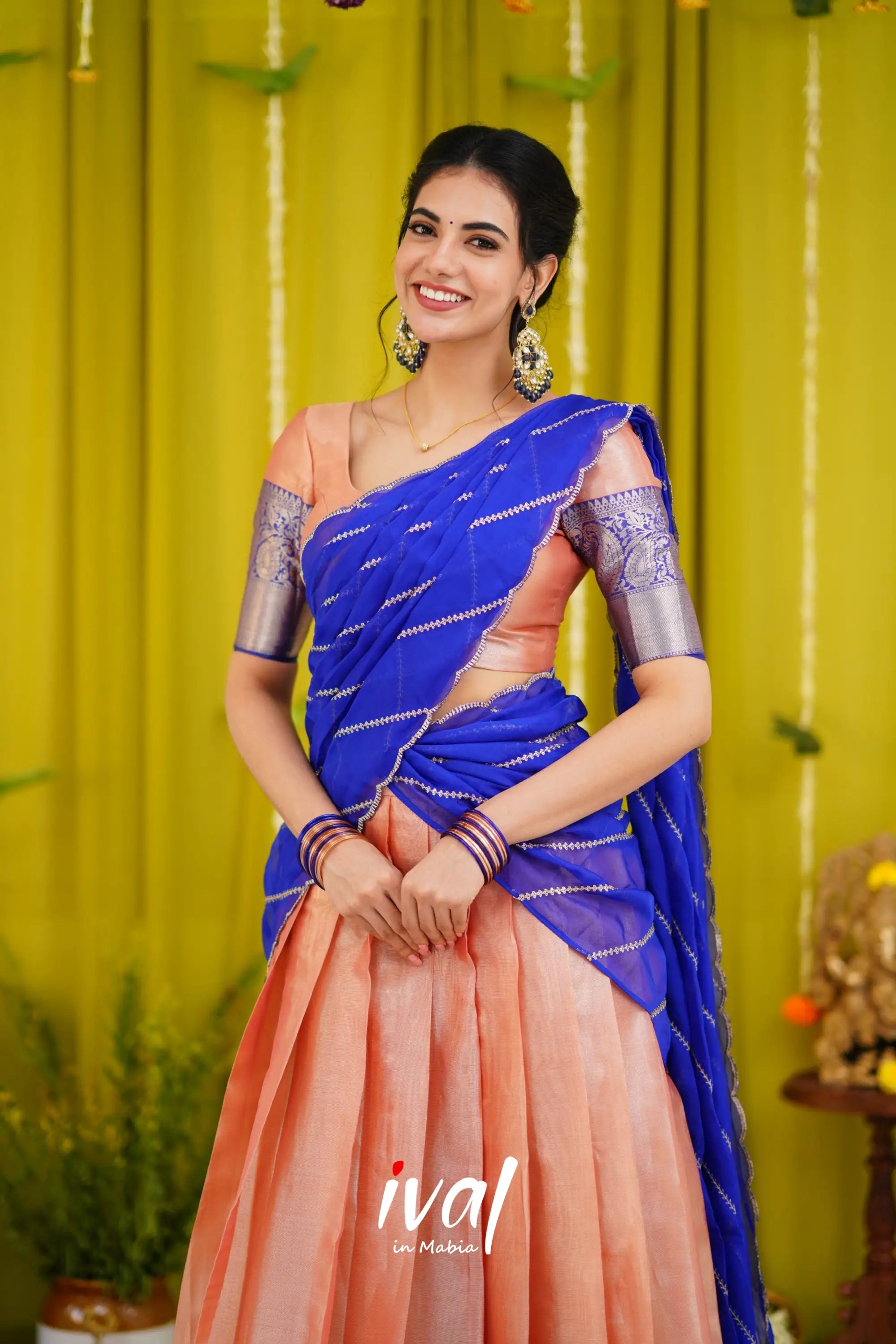 Izhaiyini Organza Halfsaree - Peach And Royal Blue Half Sarees