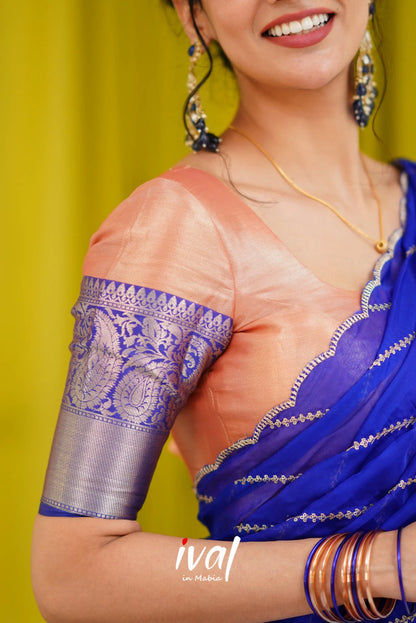 Izhaiyini Organza Halfsaree - Peach And Royal Blue Half Sarees