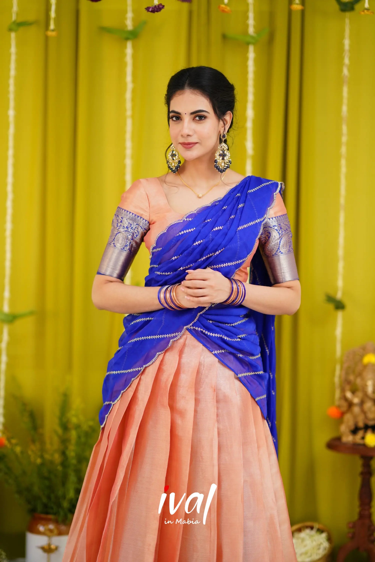 Izhaiyini Organza Halfsaree - Peach And Royal Blue Half Sarees