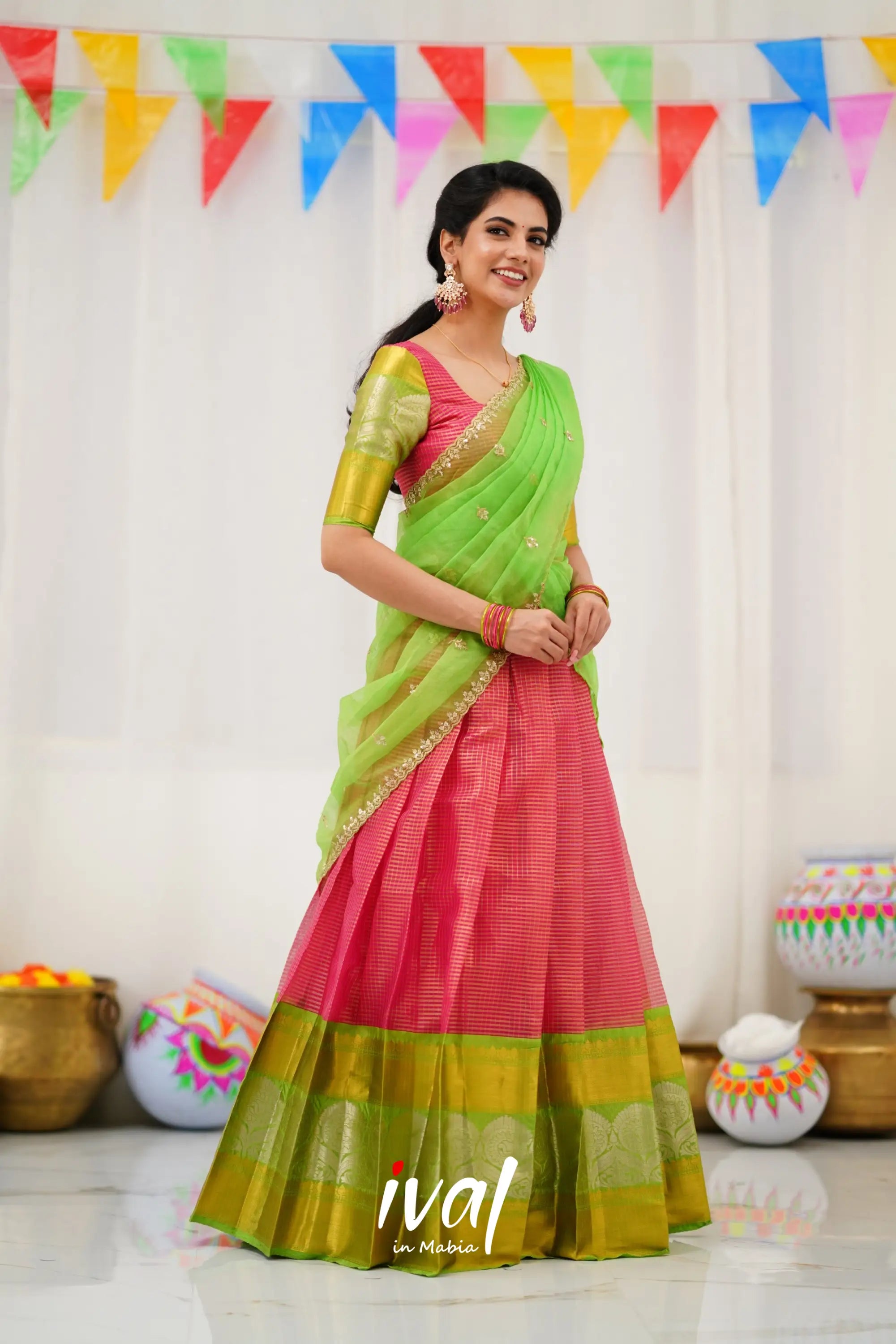 Izhaiyini Organza Halfsaree - Pink And Light Green Half Sarees