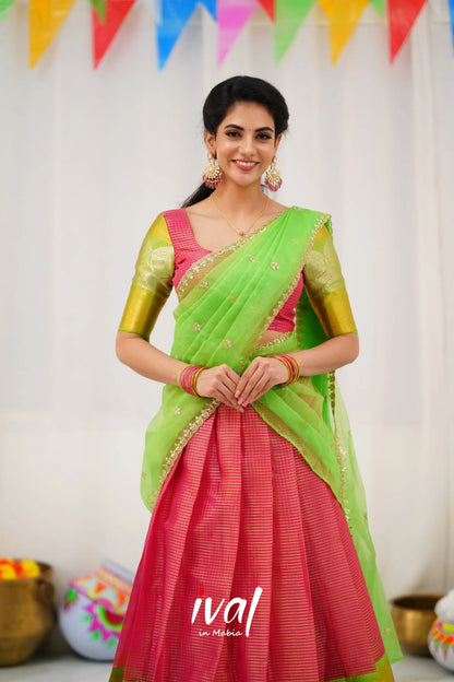 Izhaiyini Organza Halfsaree - Pink And Light Green Half Sarees