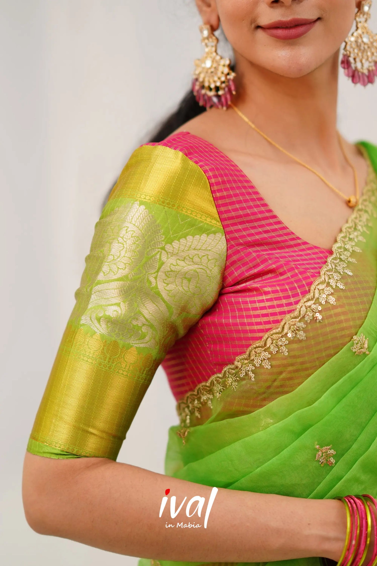 Izhaiyini Organza Halfsaree - Pink And Light Green Half Sarees