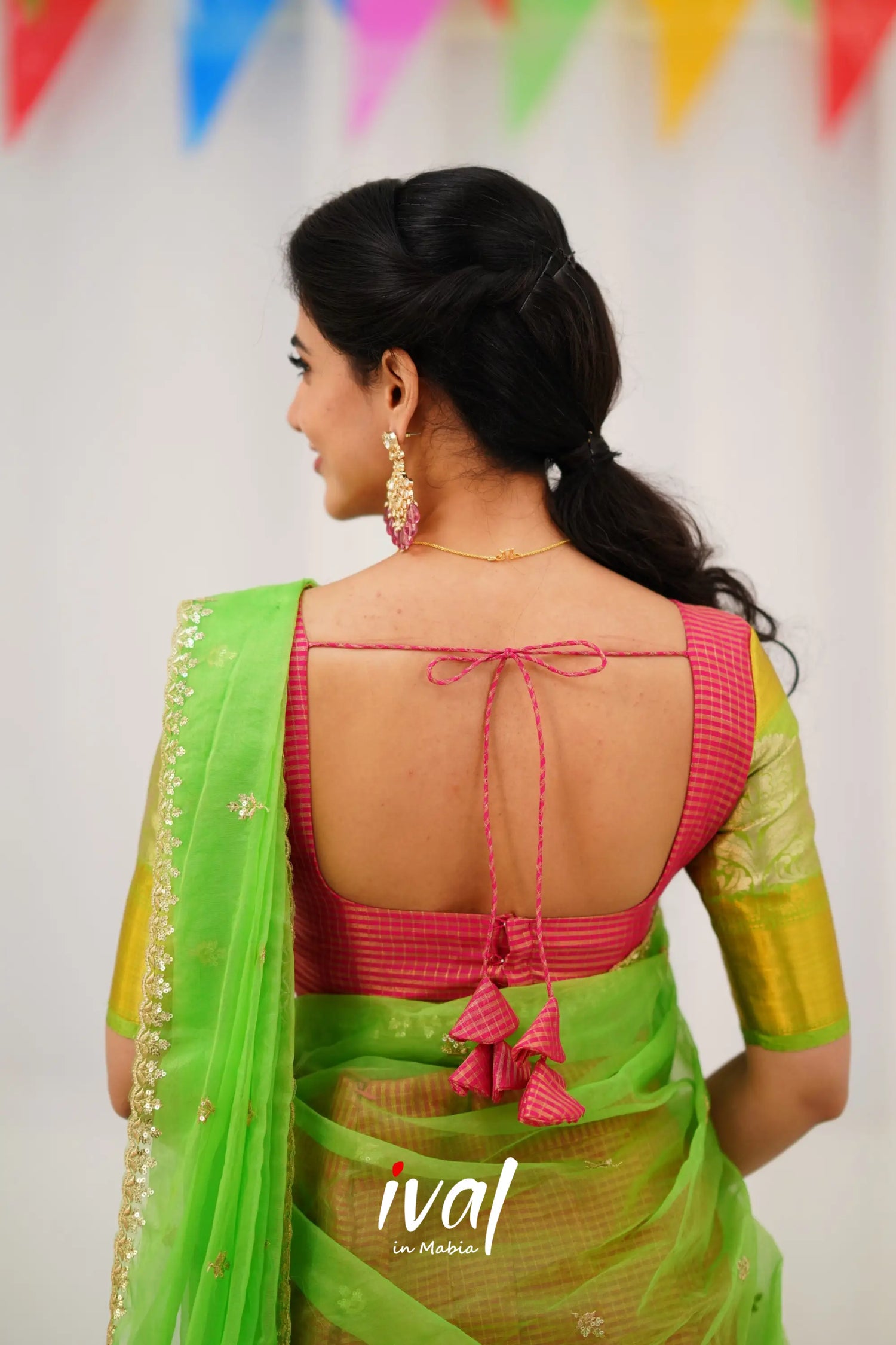 Izhaiyini Organza Halfsaree - Pink And Light Green Half Sarees