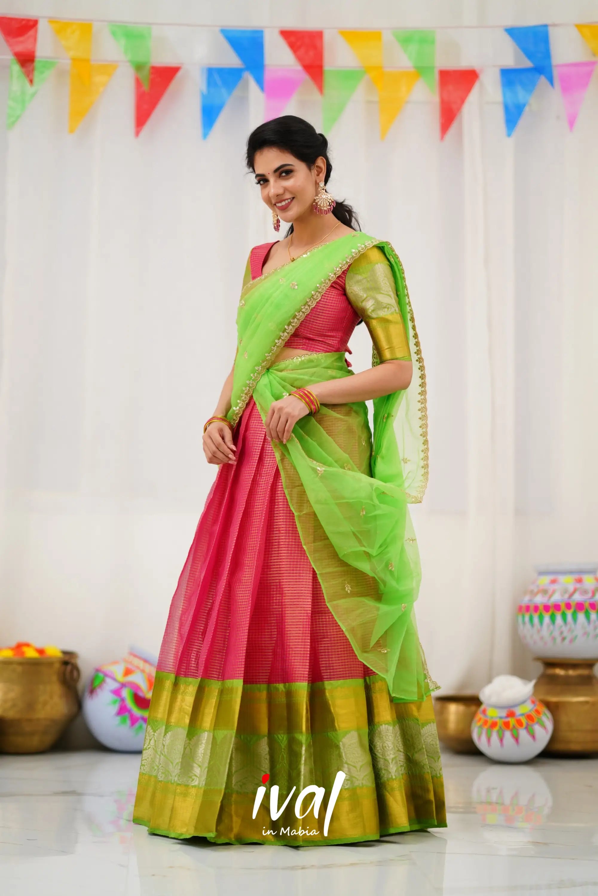 Izhaiyini Organza Halfsaree - Pink And Light Green Half Sarees