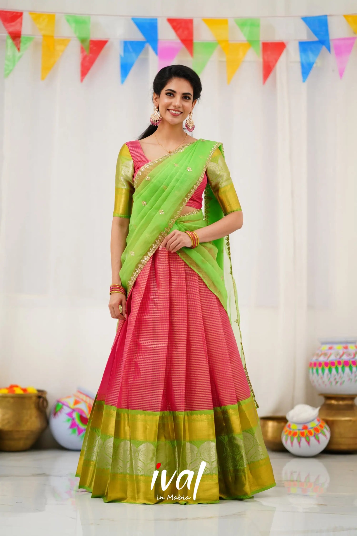 Izhaiyini Organza Halfsaree - Pink And Light Green Half Sarees