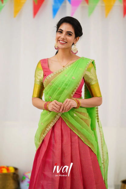 Izhaiyini Organza Halfsaree - Pink And Light Green Half Sarees