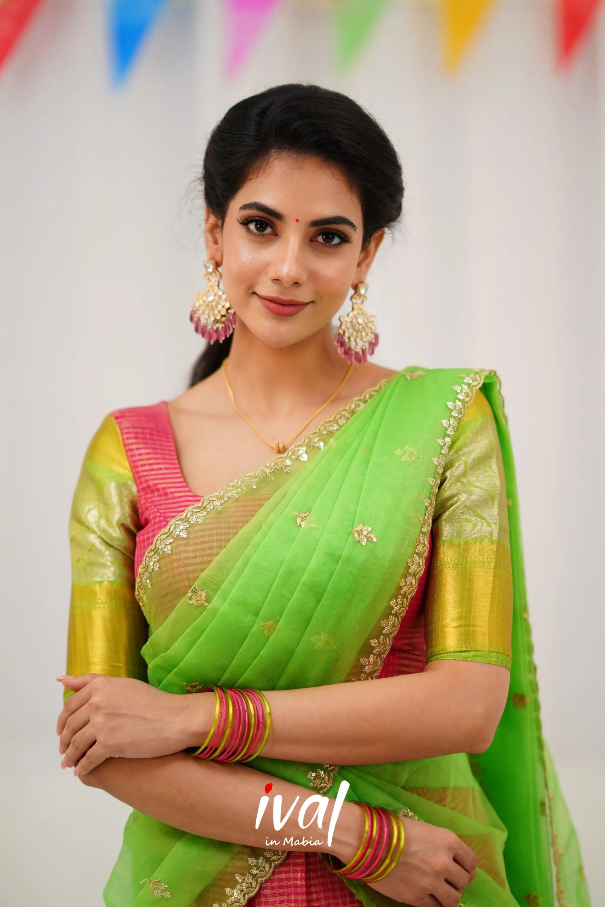 Izhaiyini Organza Halfsaree - Pink And Light Green Half Sarees