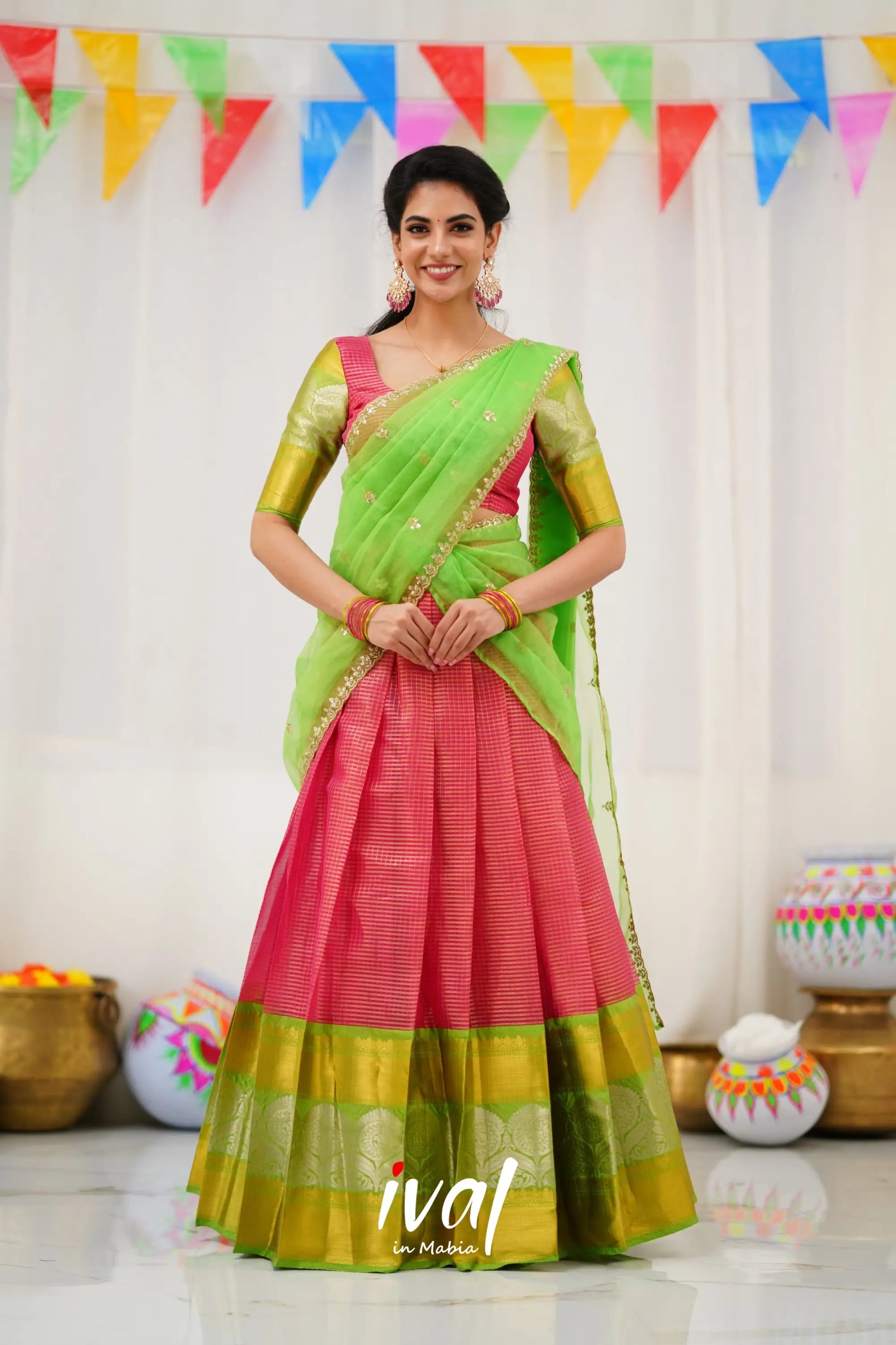 Izhaiyini Organza Halfsaree - Pink And Light Green Half Sarees