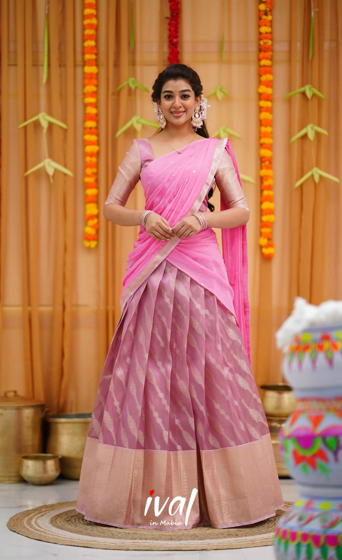 Izhaiyini Organza Halfsaree - Pink and Light Pink Half Sarees