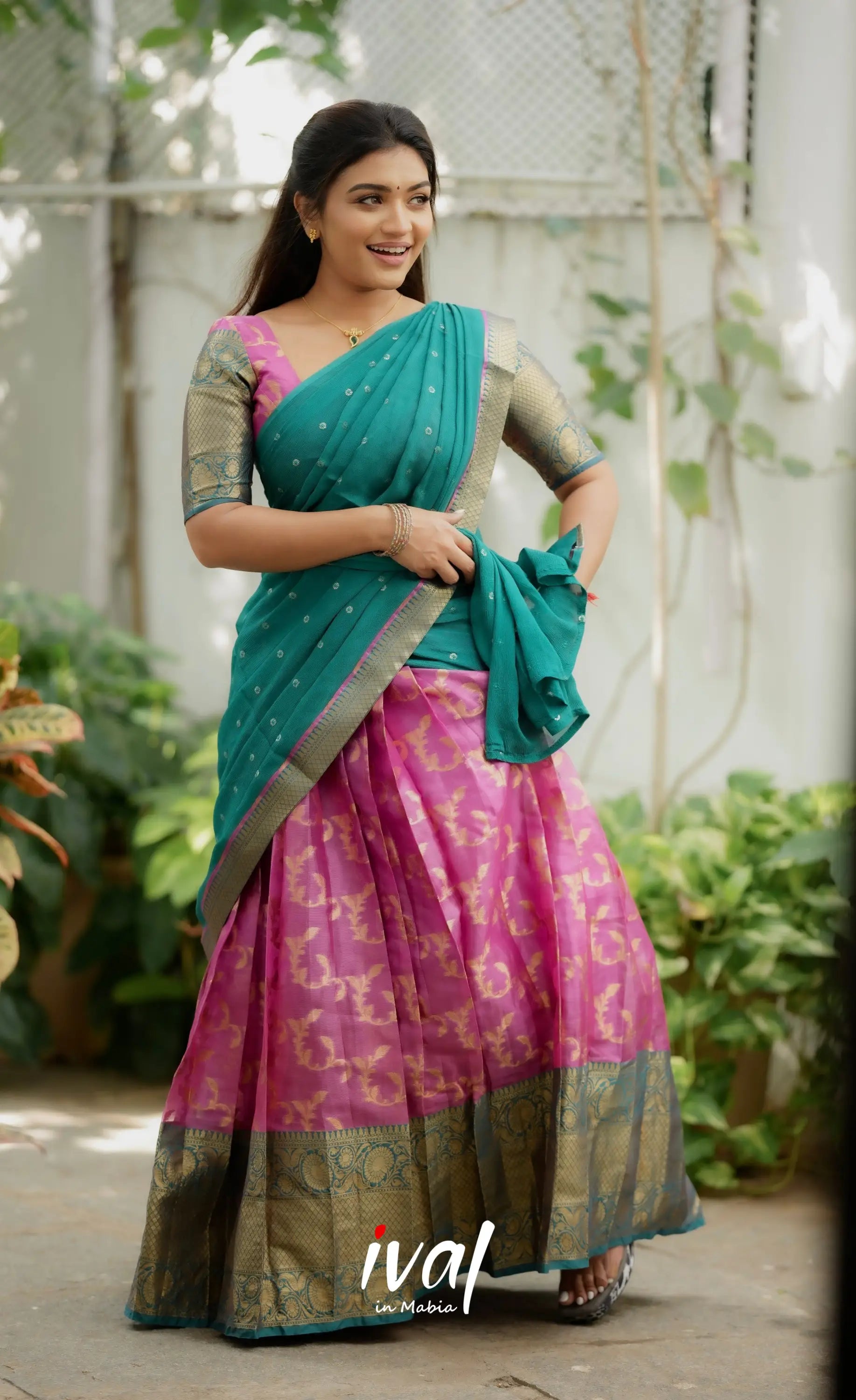 Izhaiyini Organza Halfsaree - Pink and Teal Green Half Sarees