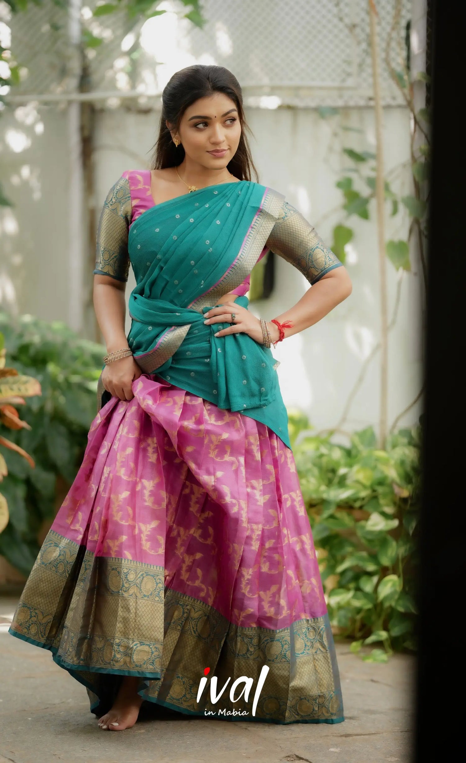 Izhaiyini Organza Halfsaree - Pink and Teal Green Half Sarees