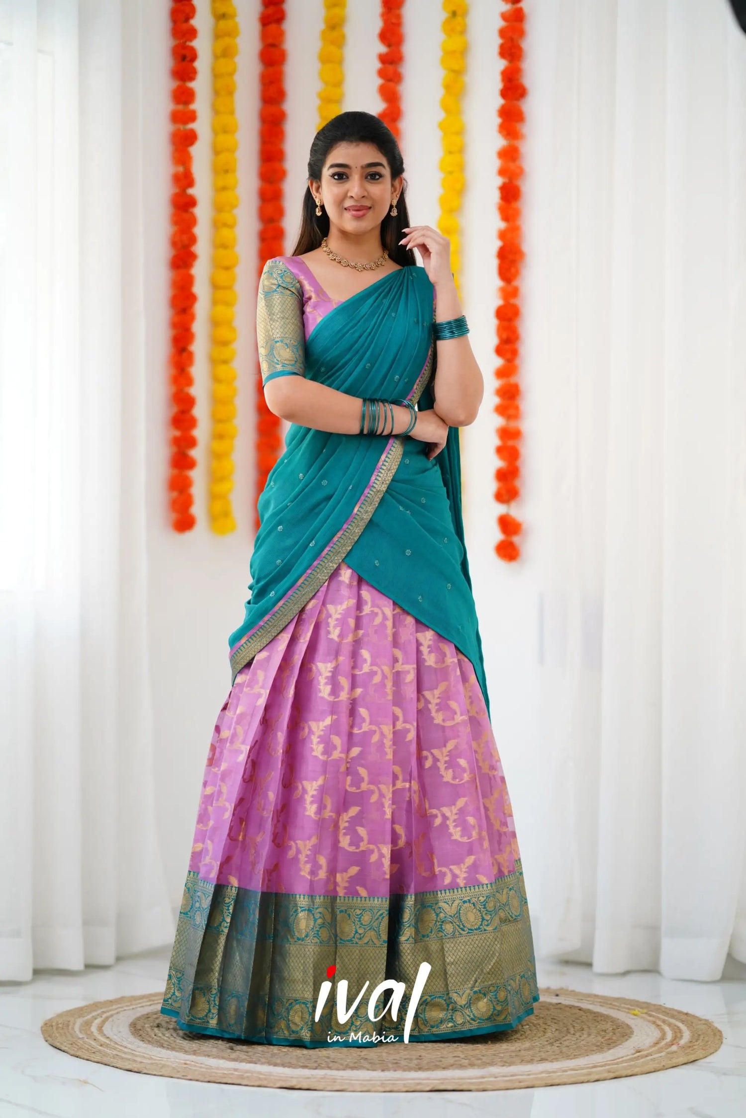 Izhaiyini Organza Halfsaree - Pink And Teal Green Half Sarees