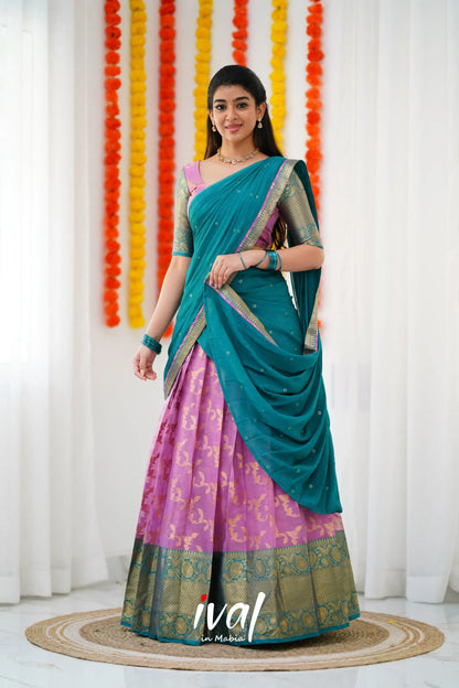 Izhaiyini Organza Halfsaree - Pink And Teal Green Half Sarees