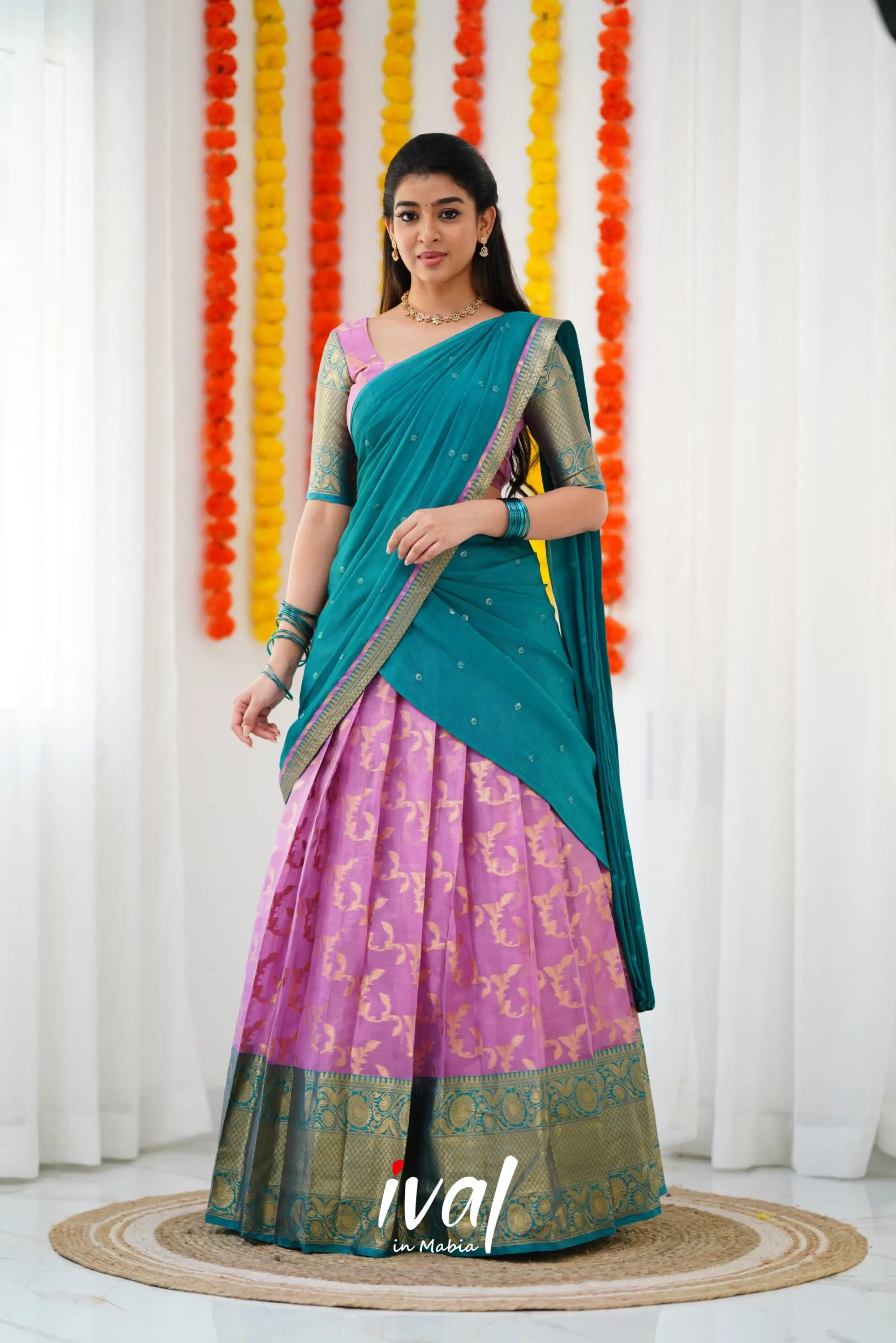 Izhaiyini Organza Halfsaree - Pink And Teal Green Half Sarees