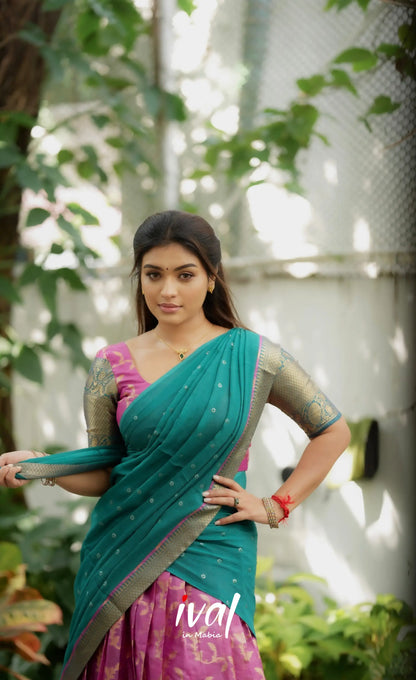 Izhaiyini Organza Halfsaree - Pink and Teal Green Half Sarees