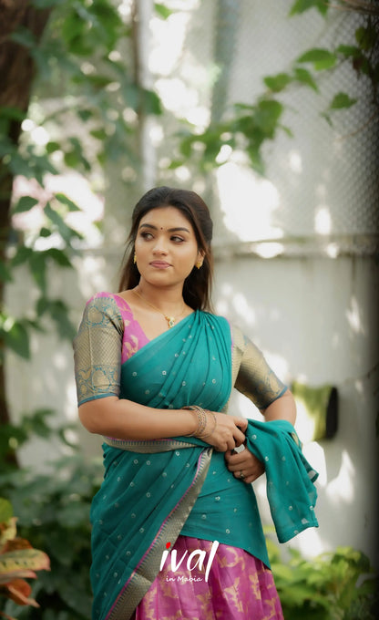 Izhaiyini Organza Halfsaree - Pink and Teal Green Half Sarees