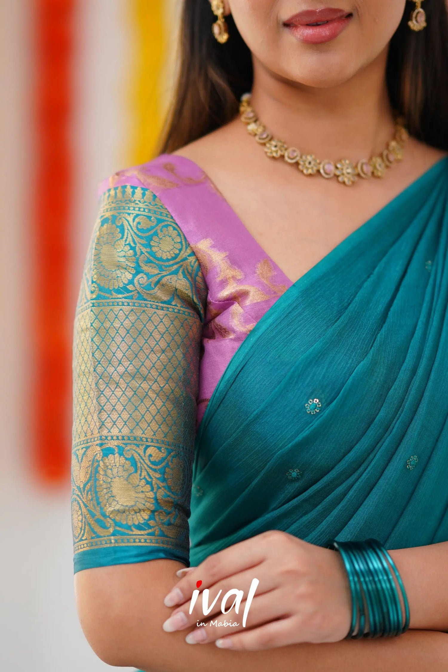 Izhaiyini Organza Halfsaree - Pink And Teal Green Half Sarees