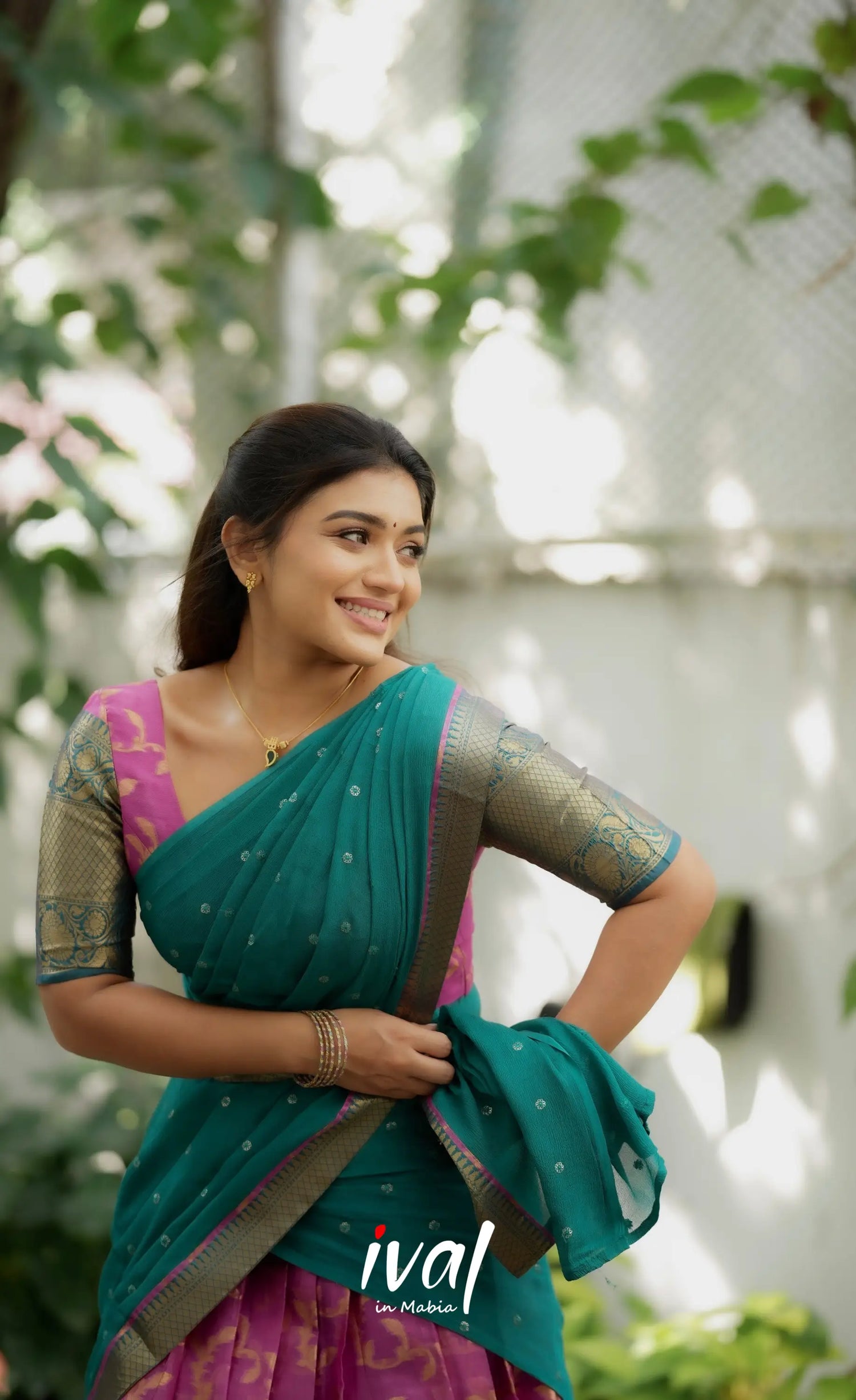 Izhaiyini Organza Halfsaree - Pink and Teal Green Half Sarees