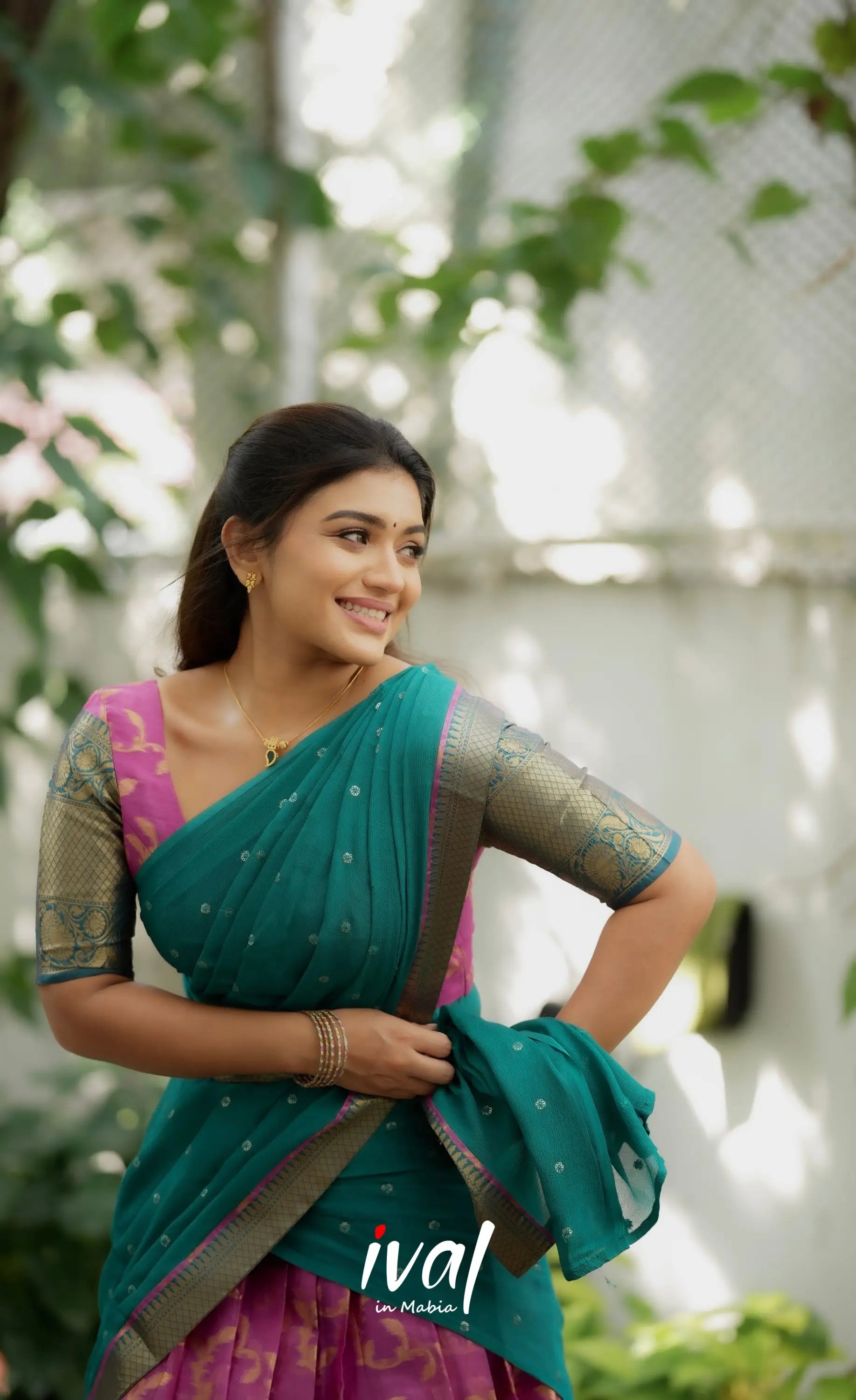 Izhaiyini Organza Halfsaree - Pink and Teal Green Half Sarees