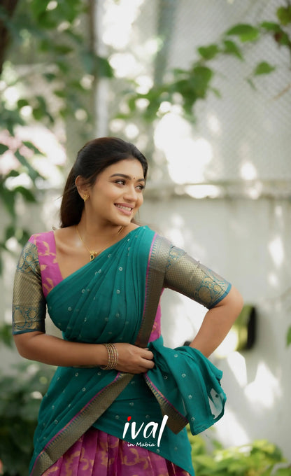 Izhaiyini Organza Halfsaree - Pink and Teal Green Half Sarees