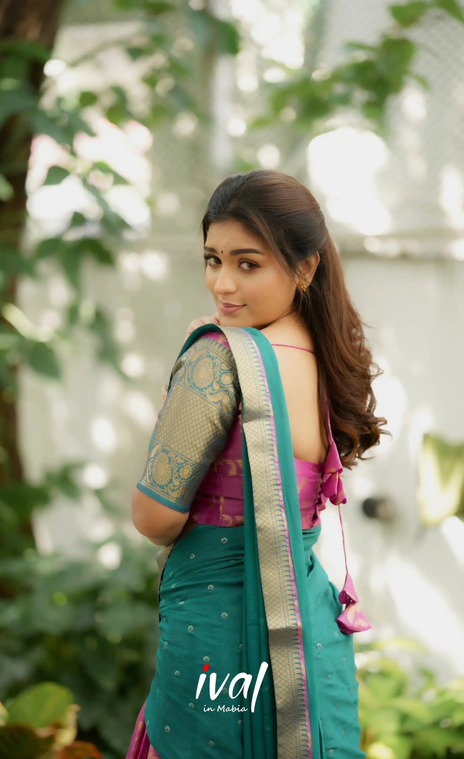 Izhaiyini Organza Halfsaree - Pink and Teal Green Half Sarees