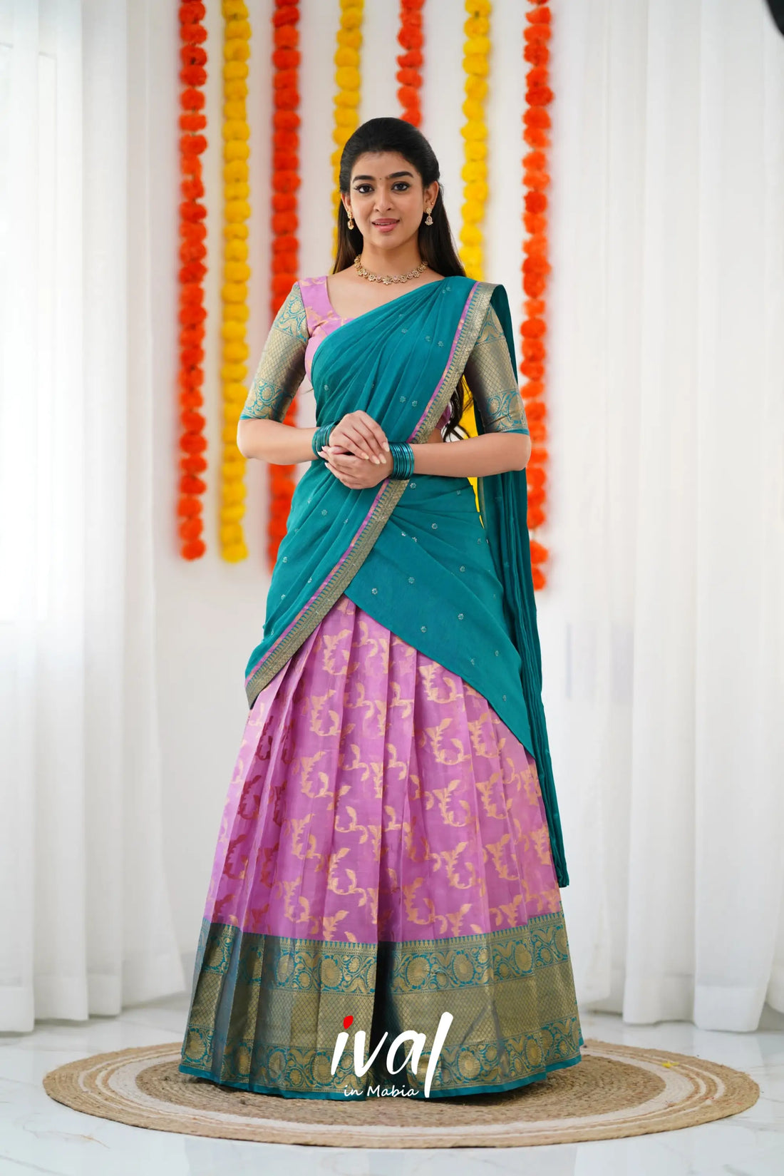 Izhaiyini Organza Halfsaree - Pink And Teal Green Half Sarees