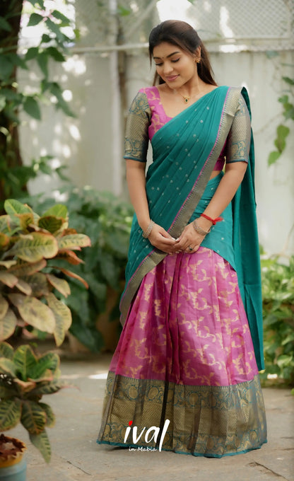 Izhaiyini Organza Halfsaree - Pink and Teal Green Half Sarees
