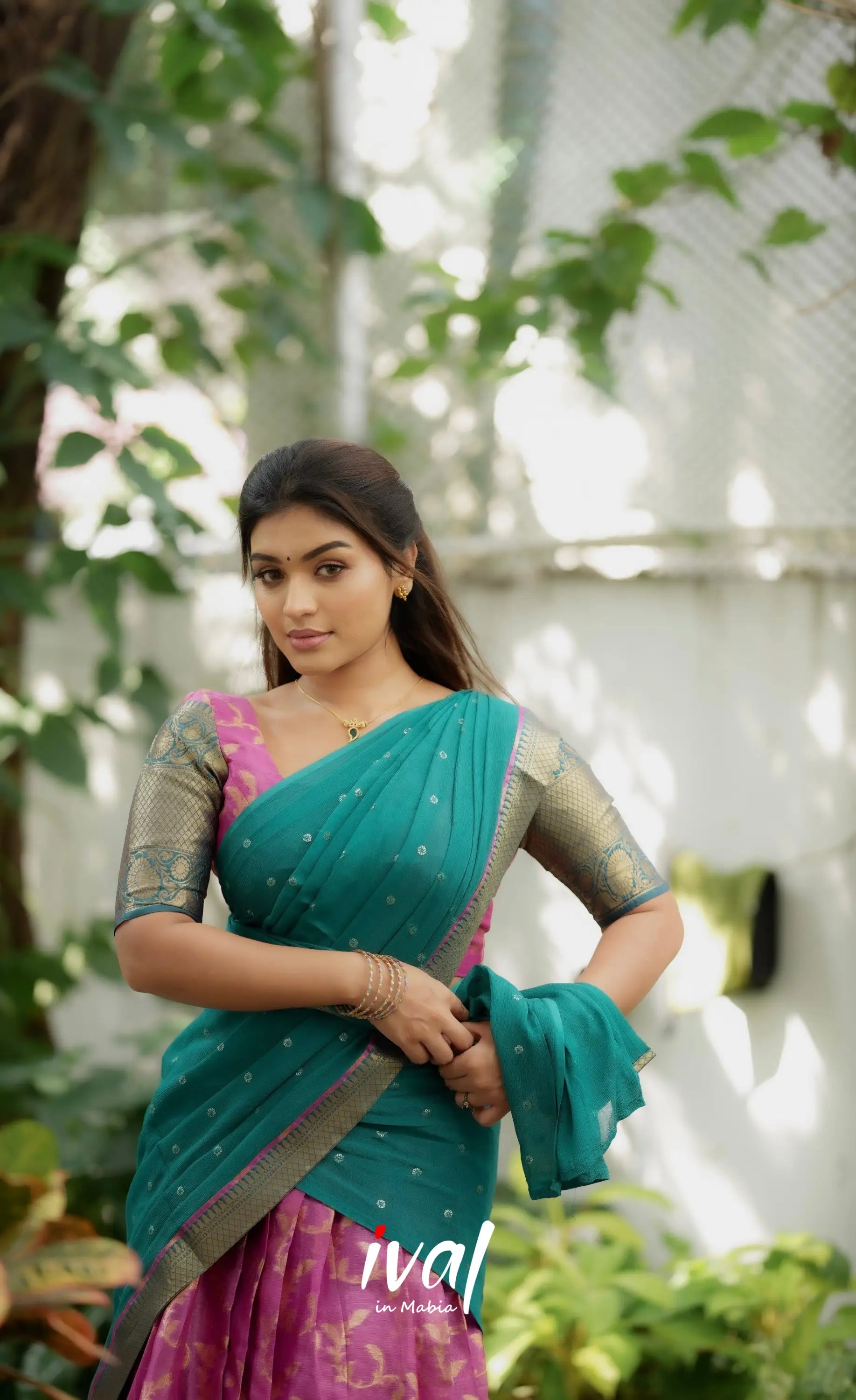 Izhaiyini Organza Halfsaree - Pink and Teal Green Half Sarees