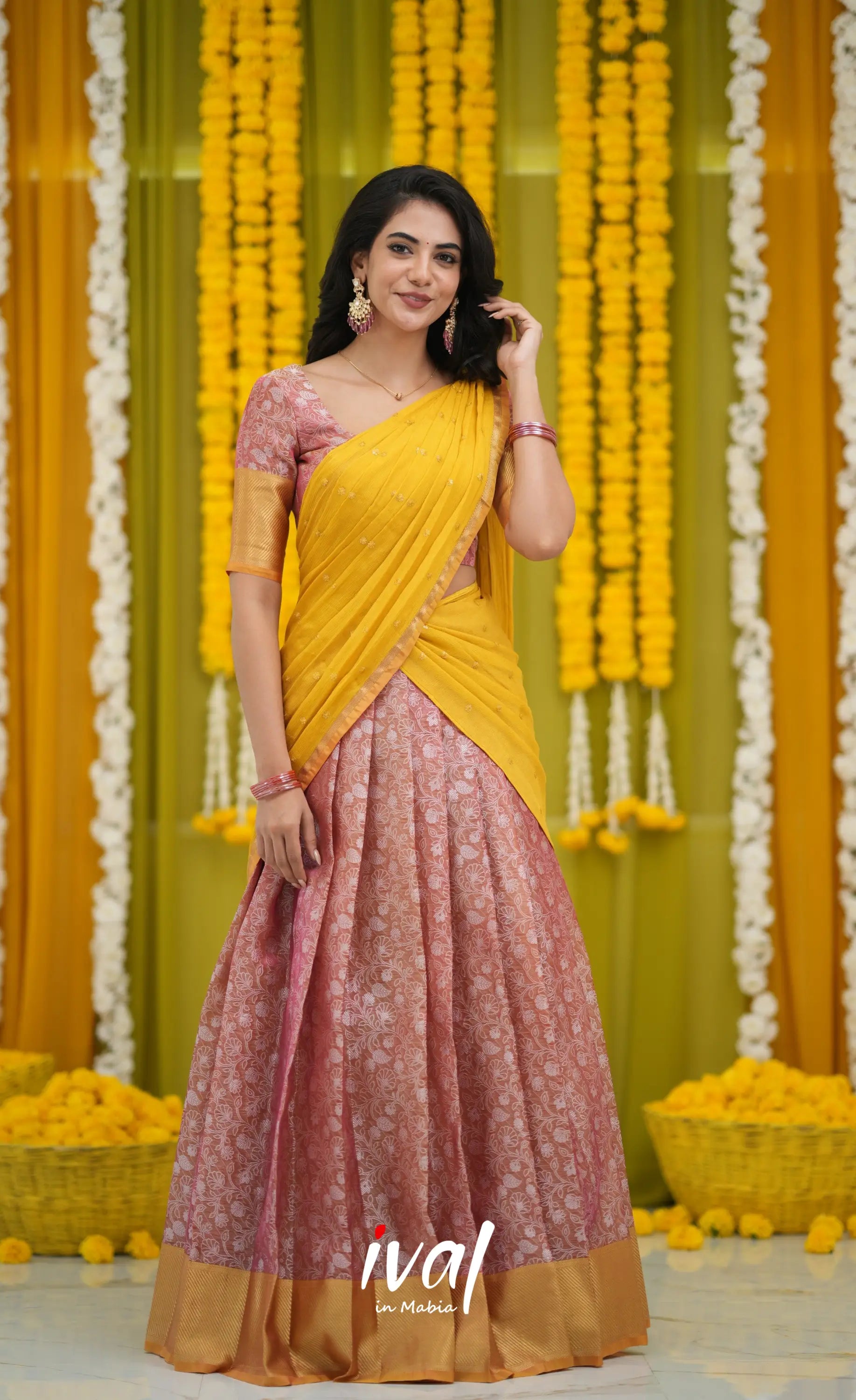 Izhaiyini Organza Halfsaree - Pink and Yellow Half Sarees