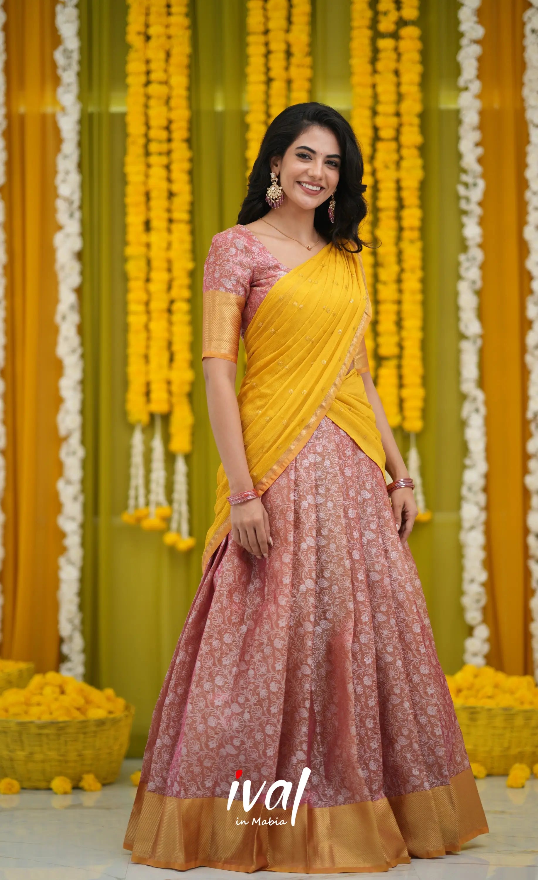 Izhaiyini Organza Halfsaree - Pink and Yellow Half Sarees