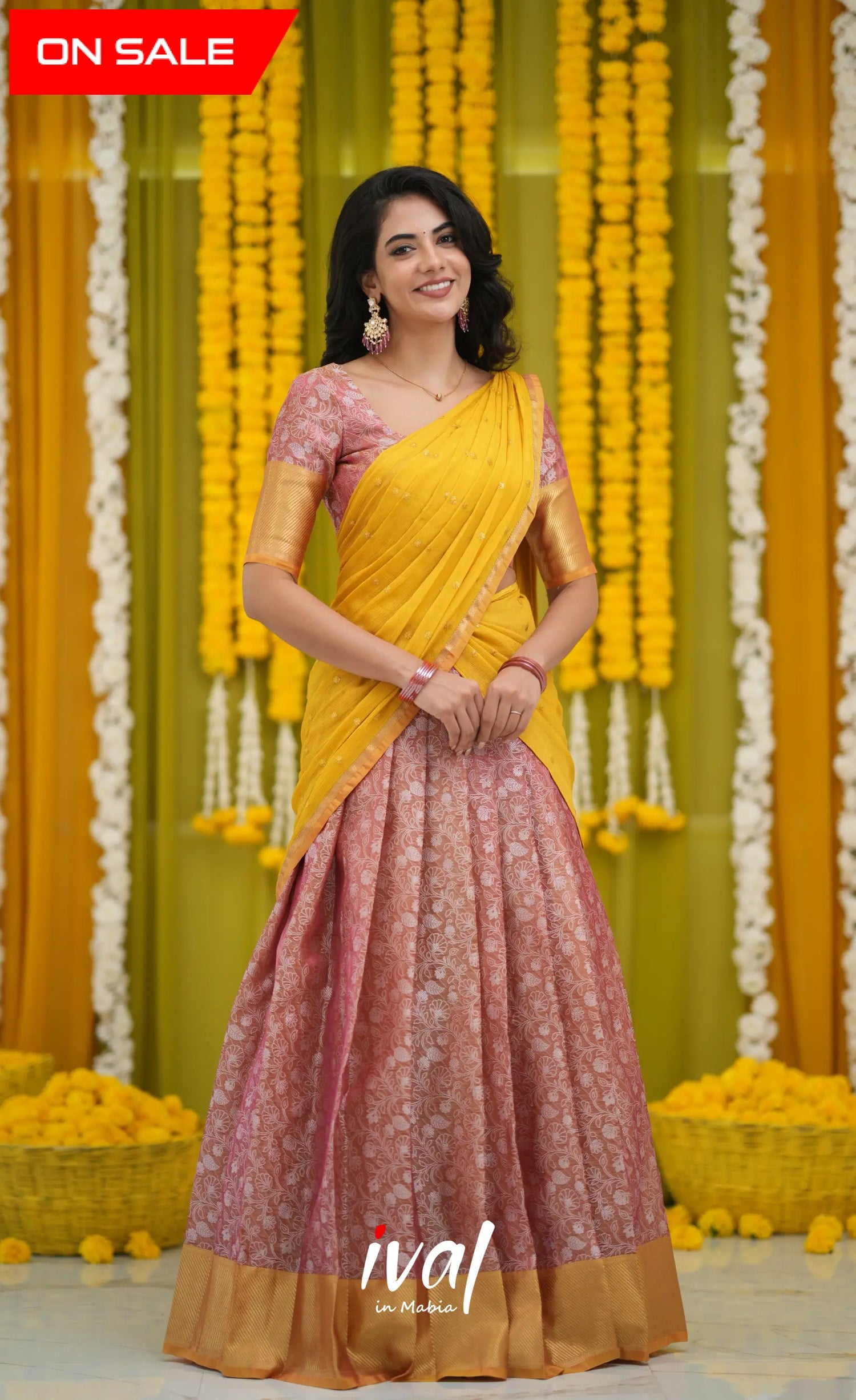 Izhaiyini Organza Halfsaree - Pink and Yellow Half Sarees