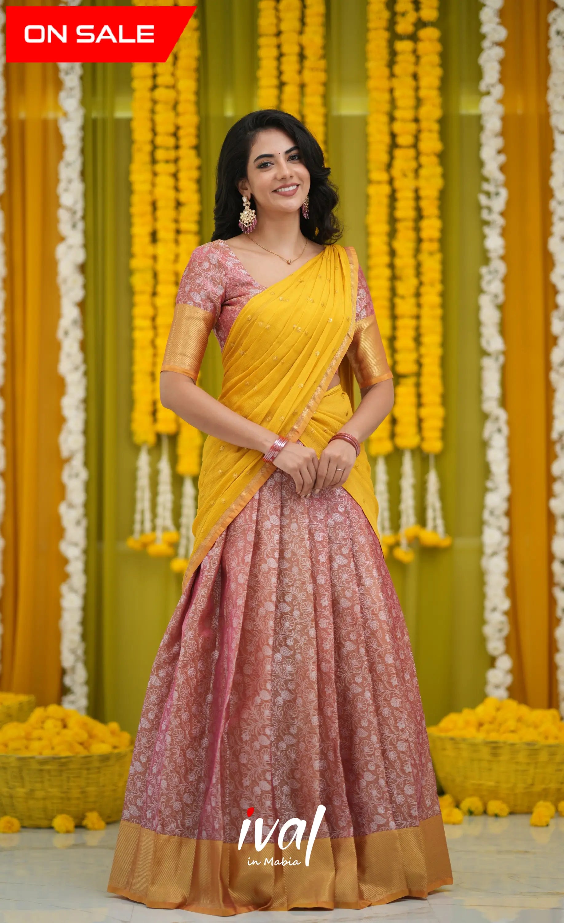 Izhaiyini Organza Halfsaree - Pink and Yellow Half Sarees