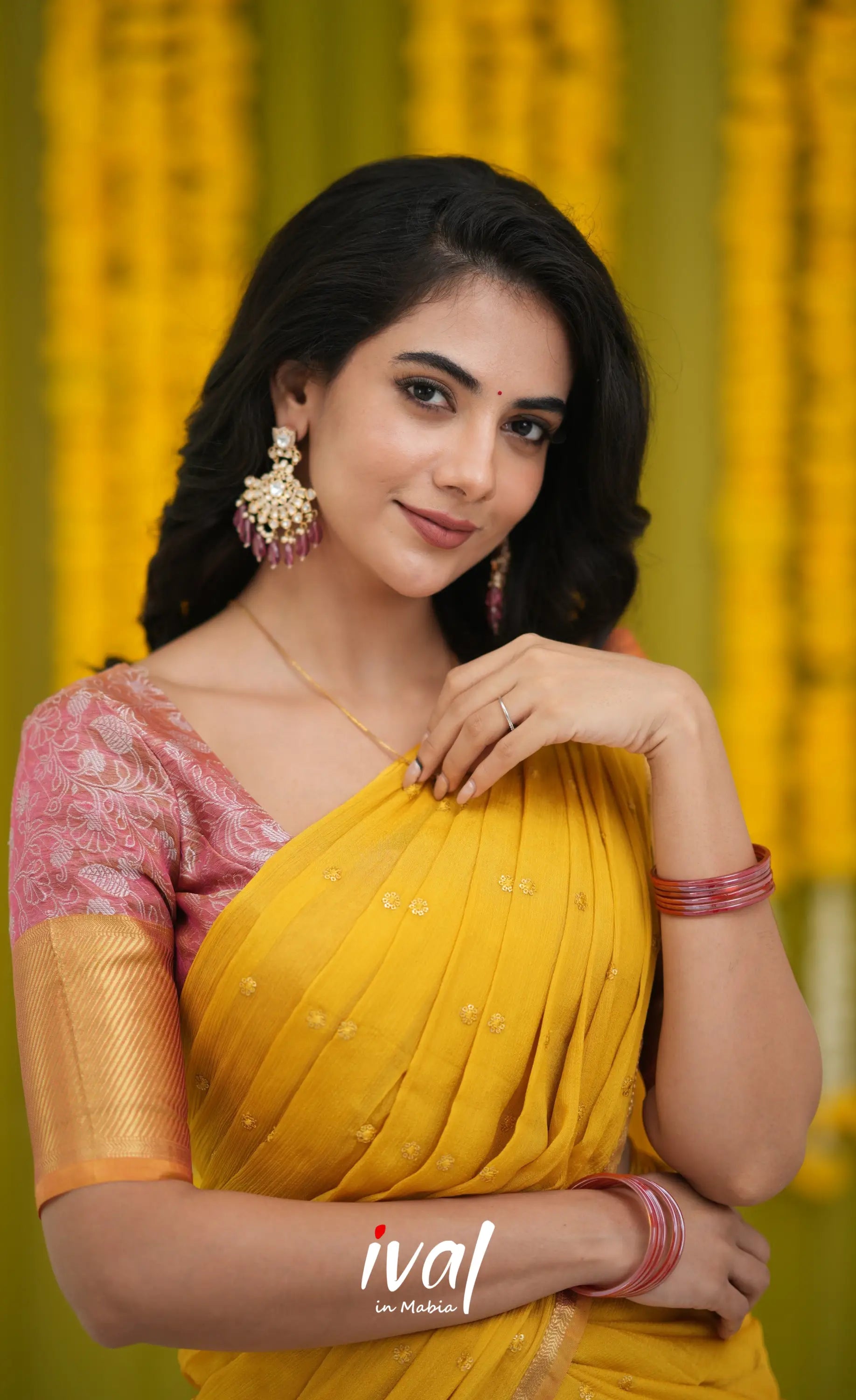 Izhaiyini Organza Halfsaree - Pink and Yellow Half Sarees