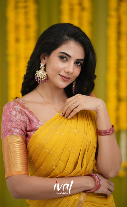 Izhaiyini Organza Halfsaree - Pink and Yellow Half Sarees