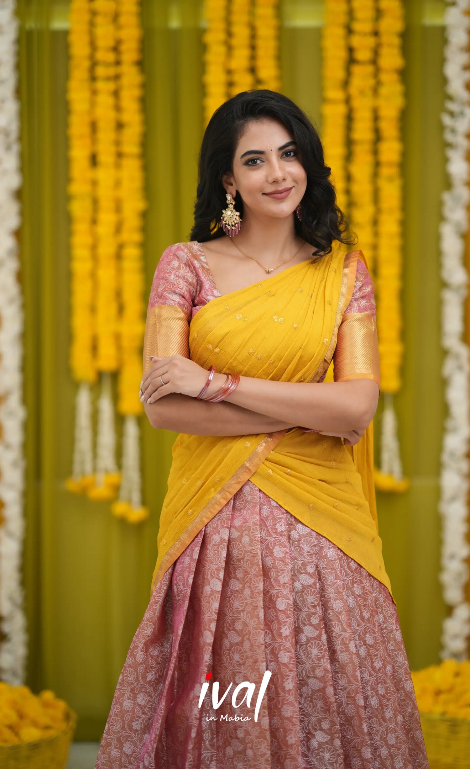 Izhaiyini Organza Halfsaree - Pink and Yellow Half Sarees