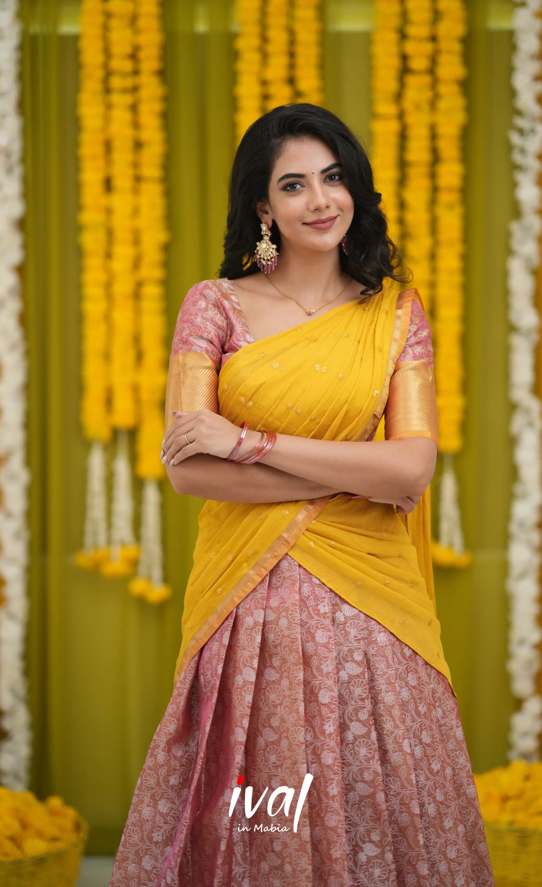 Izhaiyini Organza Halfsaree - Pink and Yellow Half Sarees