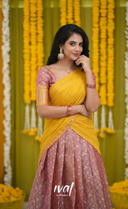 Izhaiyini Organza Halfsaree - Pink and Yellow Half Sarees