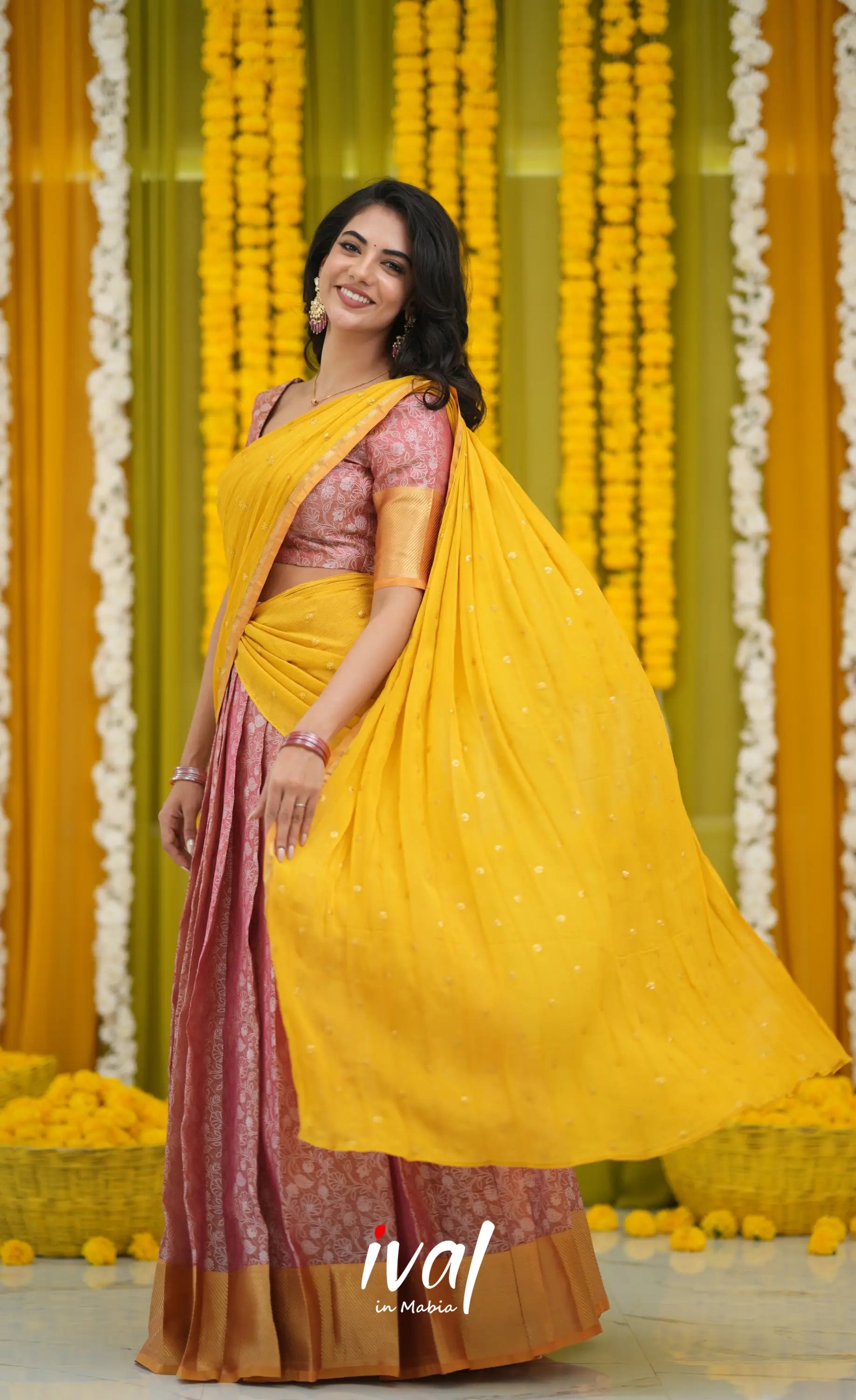 Izhaiyini Organza Halfsaree - Pink and Yellow Half Sarees