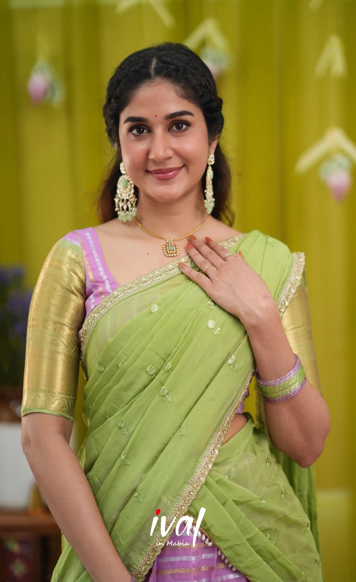Izhaiyini Organza Halfsaree - Pinkish lavender and Light green (Copy) - Half Sarees