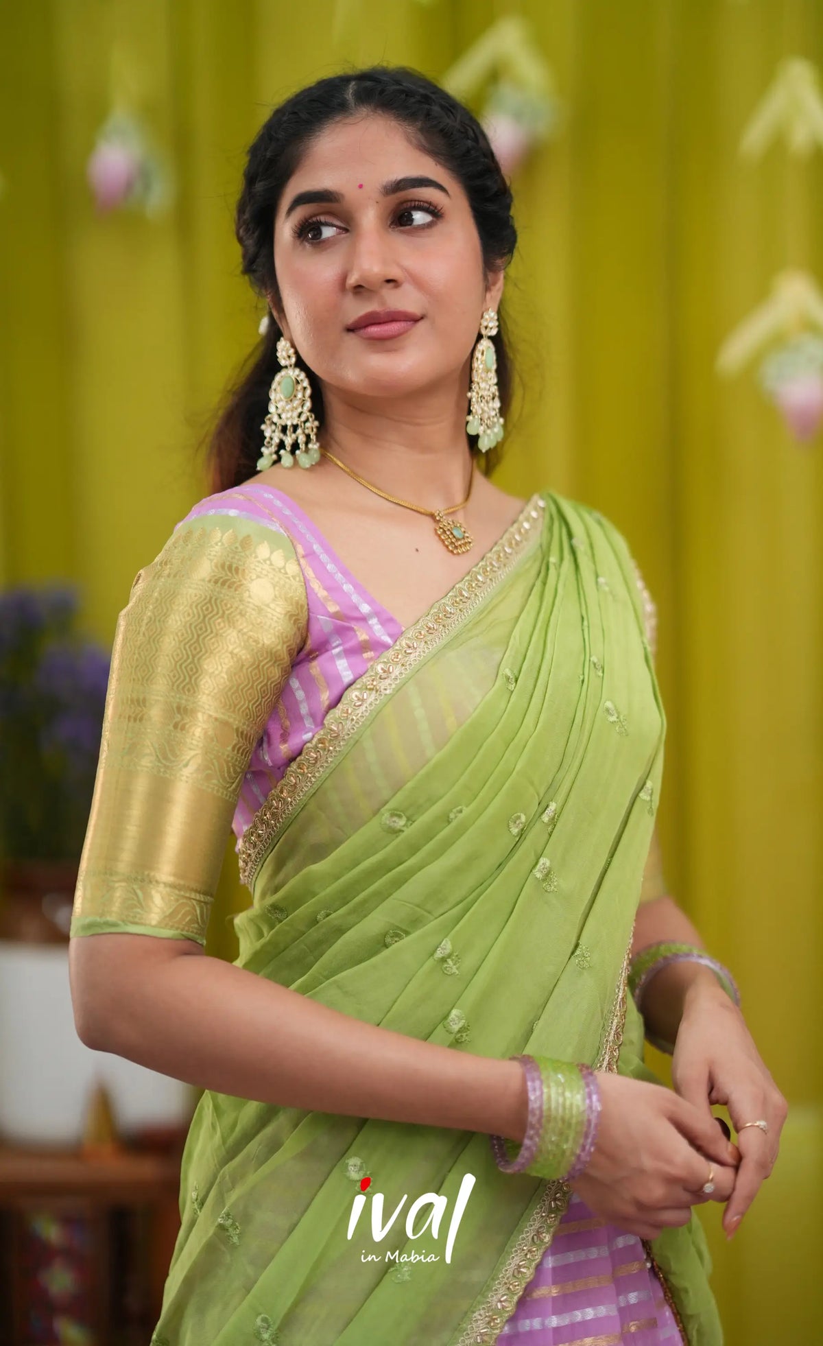 Izhaiyini Organza Halfsaree - Pinkish lavender and Light green (Copy) - Half Sarees