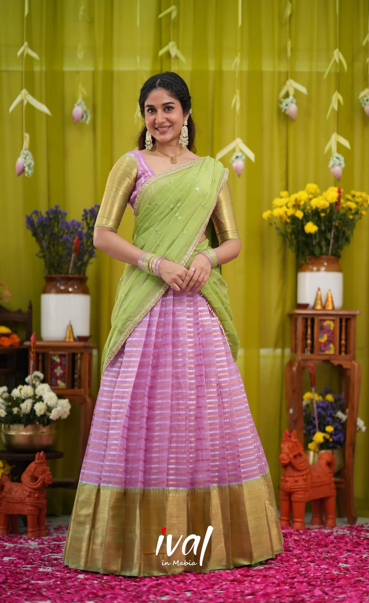 Izhaiyini Organza Halfsaree - Pinkish lavender and Light green (Copy) - Half Sarees