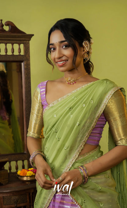 Izhaiyini Organza Halfsaree - Pinkish lavender and Light green - Half Sarees