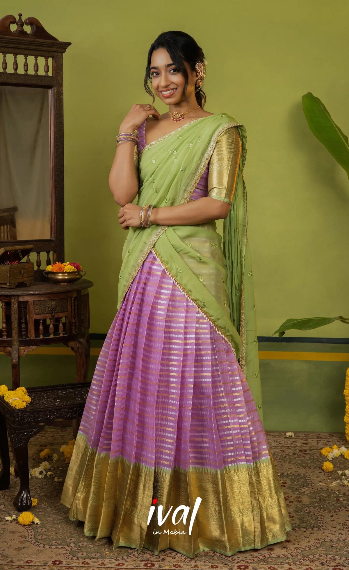 Izhaiyini Organza Halfsaree - Pinkish lavender and Light green - Half Sarees