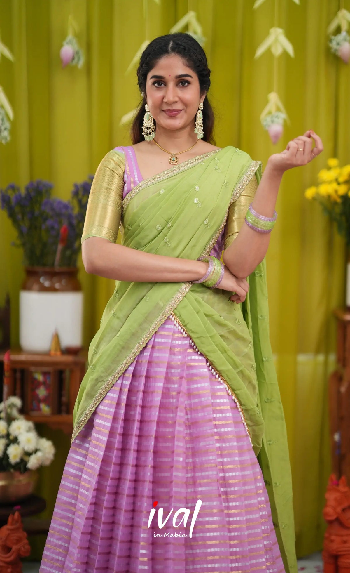 Izhaiyini Organza Halfsaree - Pinkish lavender and Light green (Copy) - Half Sarees