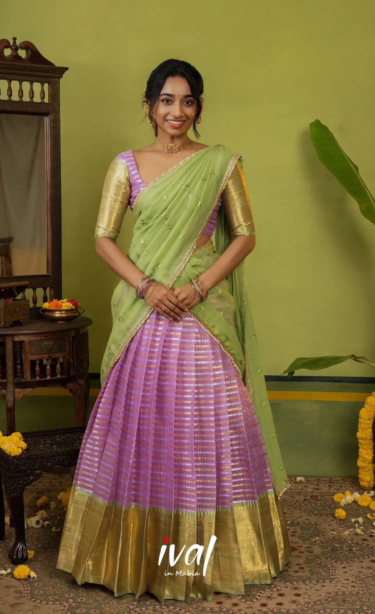 Izhaiyini Organza Halfsaree - Pinkish lavender and Light green - Half Sarees