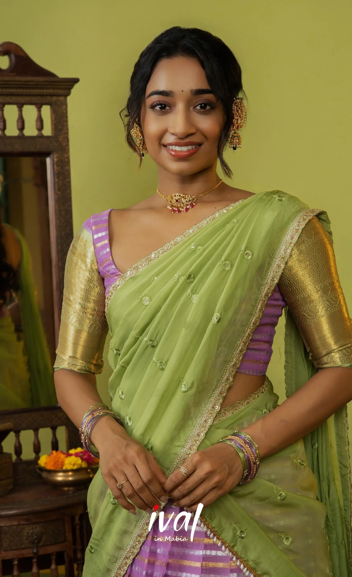 Izhaiyini Organza Halfsaree - Pinkish lavender and Light green - Half Sarees