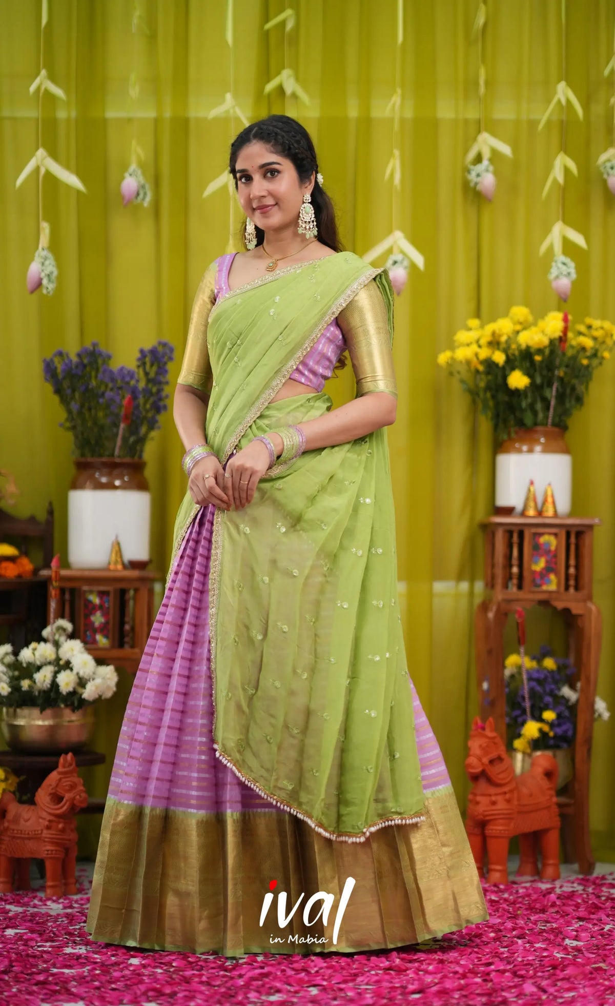 Izhaiyini Organza Halfsaree - Pinkish lavender and Light green (Copy) - Half Sarees