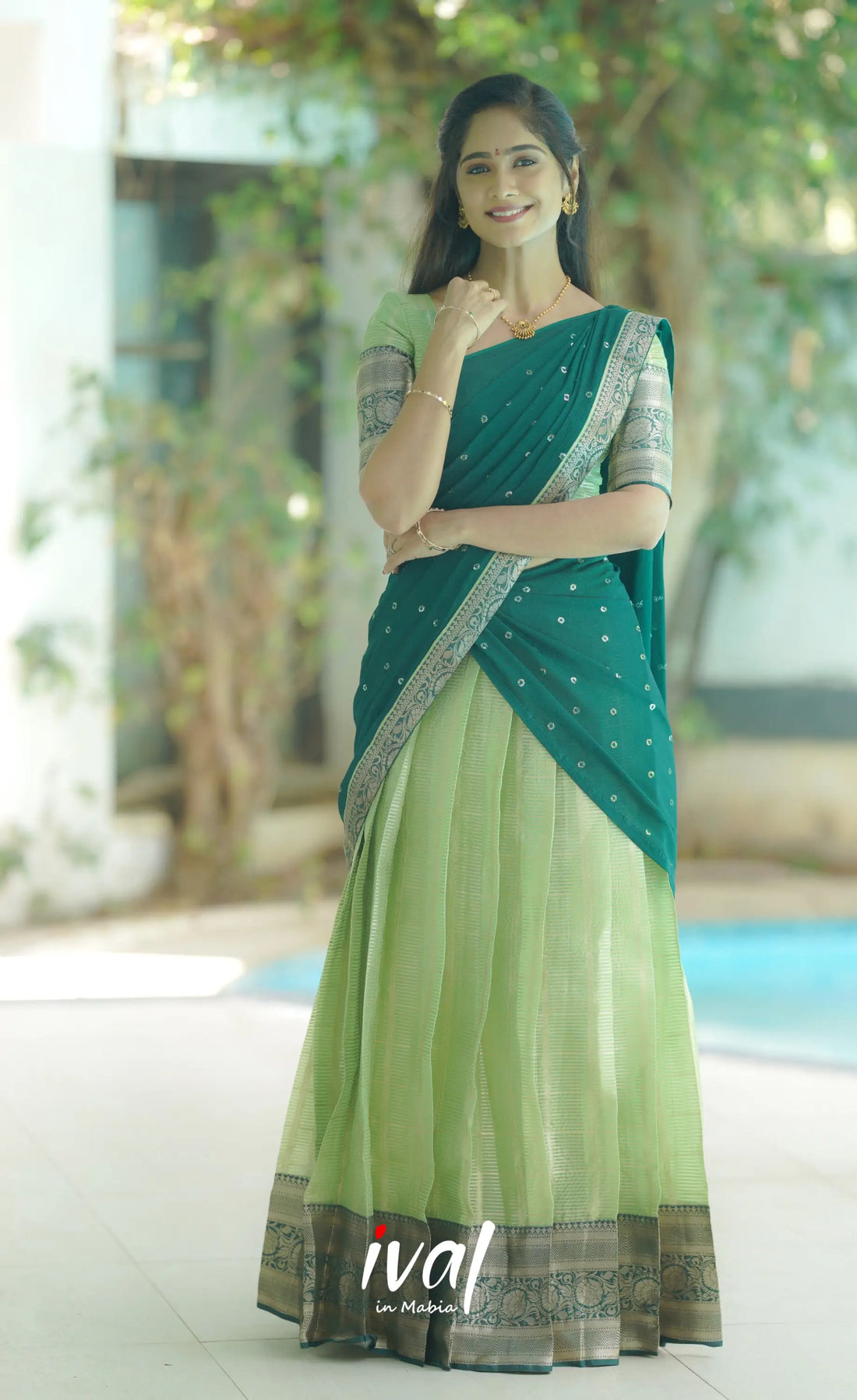 Izhaiyini Organza Halfsaree - Pista Green Half Sarees