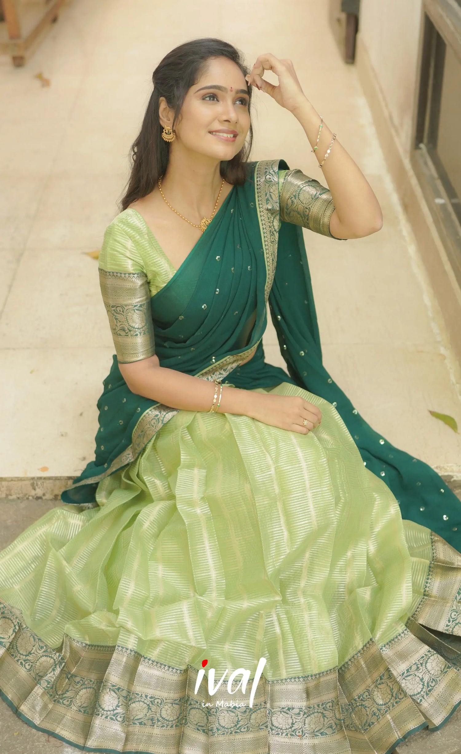 Izhaiyini Organza Halfsaree - Pista Green Half Sarees