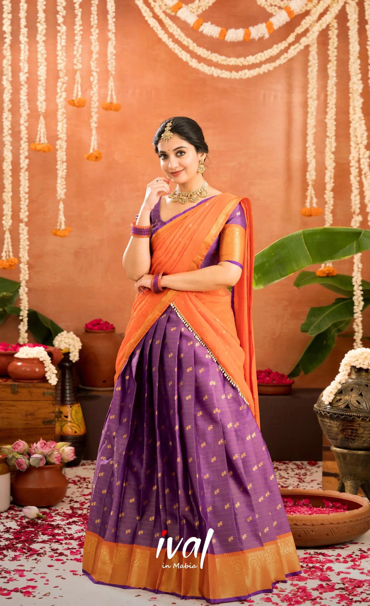 Izhaiyini Organza Halfsaree - Purple and Orange - Half Sarees